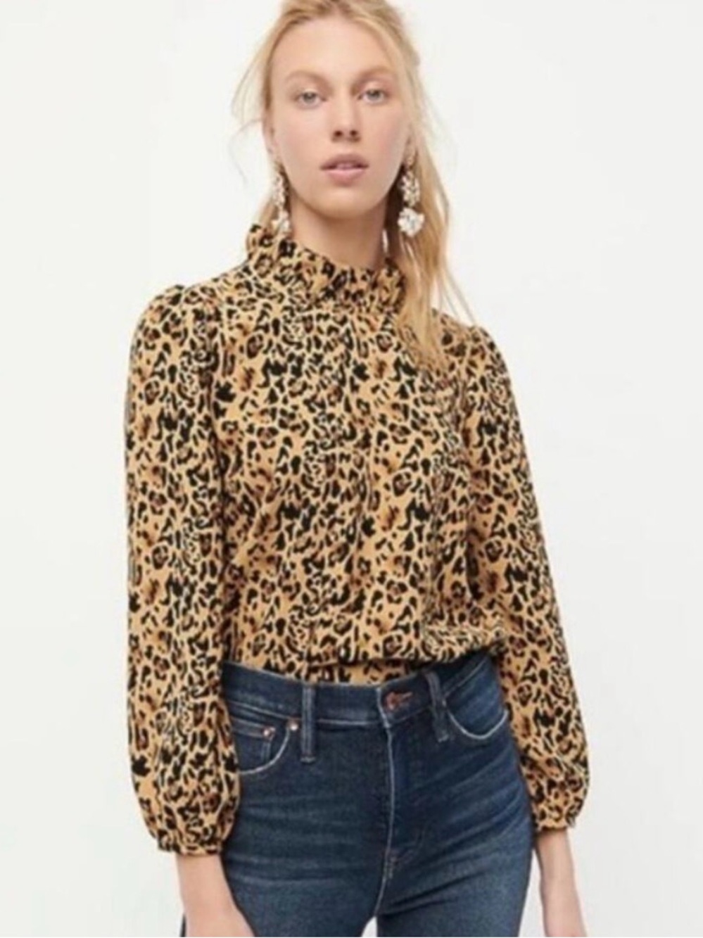 J. Crew Ruffleneck Crepe Top Long Sleeve Blouse in Leopard Print